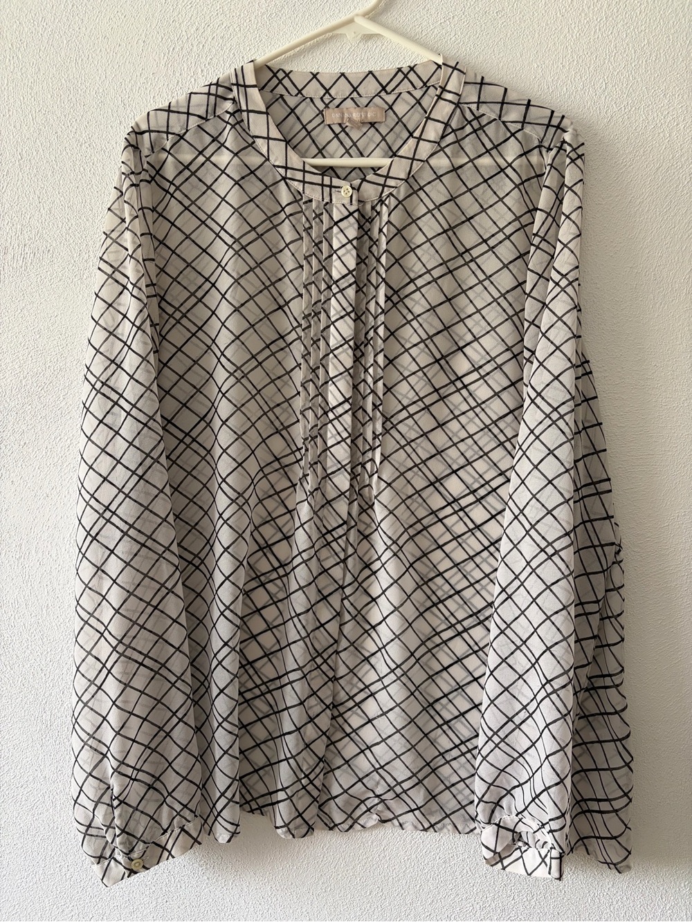 Banana Republic Beige Blouse with Black Grid Print